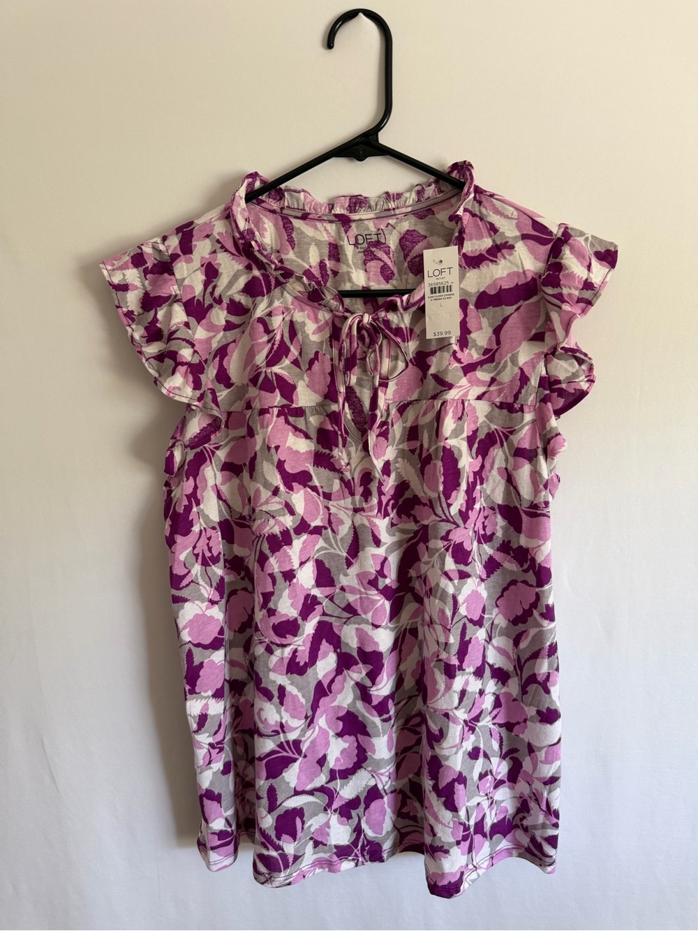 LOFT Outlet Floral Ruffle Neck Tie Keyhole Blouse Top Purple Pink White - L